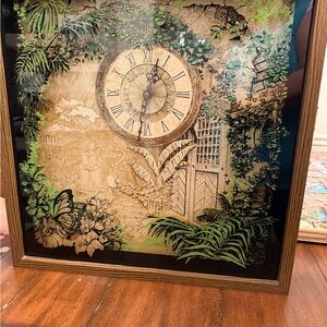 Vtg MCM Elgin Clock Shadowbox Wall Clock  Garden w/Butterfly Works perfect